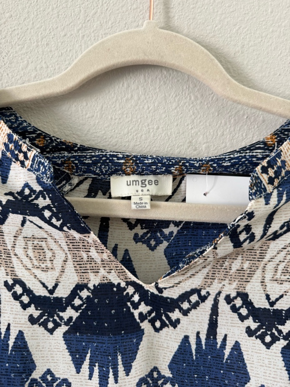 Umgee Navy Blue, Mustard & Cream Aztec Print V-Neck Tunic Babydoll Dress Small - Picture 5 of 6